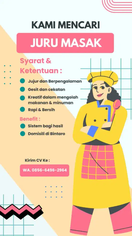 Dibutuhkan juru masak/koki berpengalaman