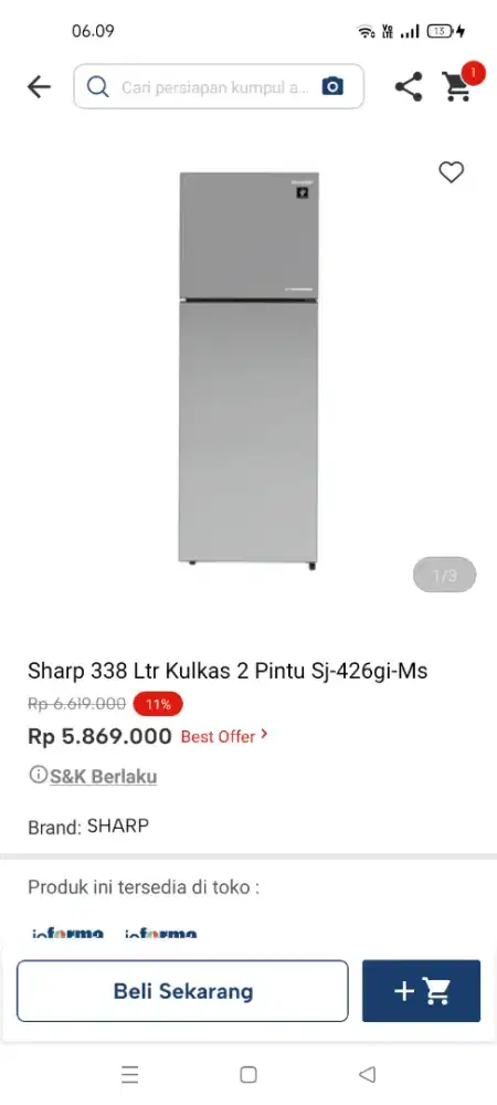 Sharp kulkas 2 pintu 338 liter