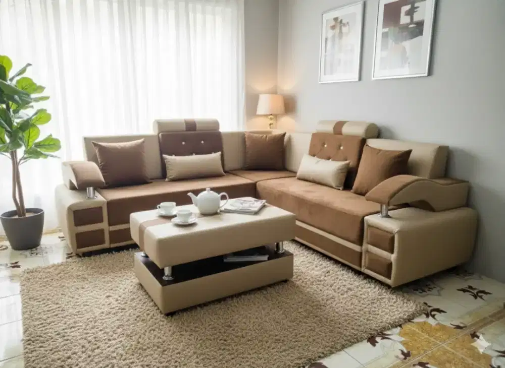 Sofa sudut L coklat