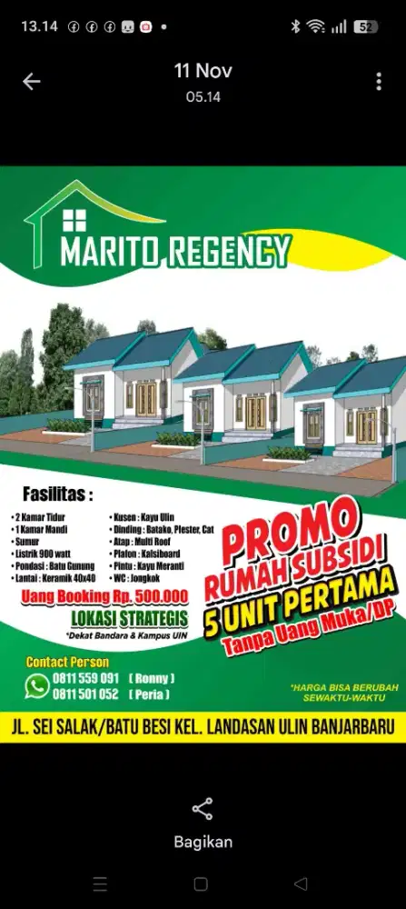 Di jual perumahan SUBSIDI Banjarbaru terima kunci