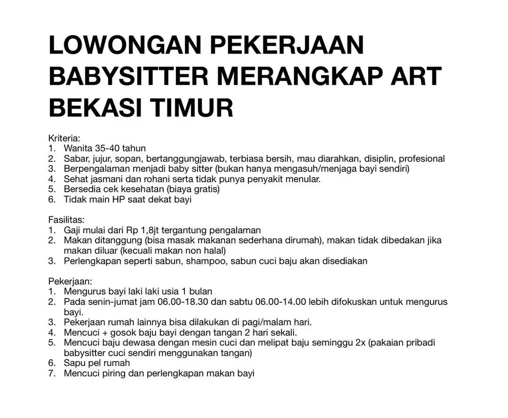 Lowongan Pekerjaan Babysitter merangkap ART