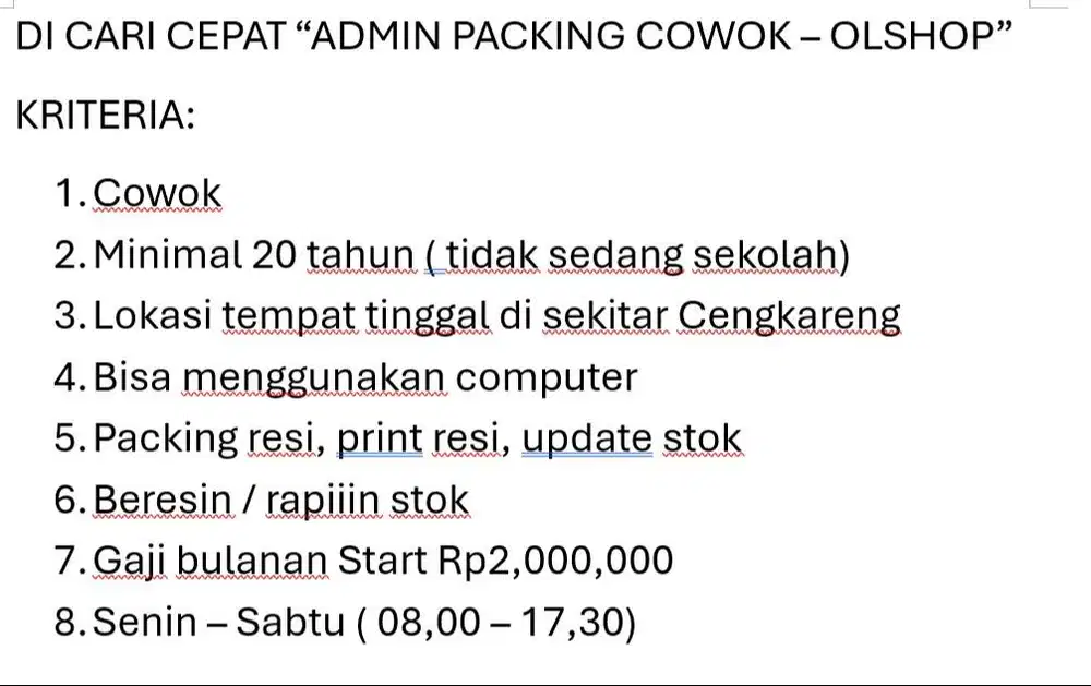DI CARI CEPAT YANG SERIUS ADMIN PACKING UNTUK ONLINE SHOP -  COWOK
