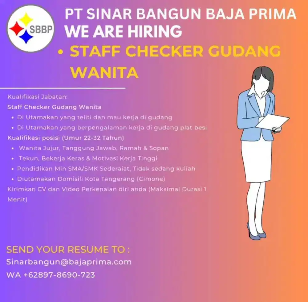 Di butuhkan Staff Checker Gudang Baja WANITA