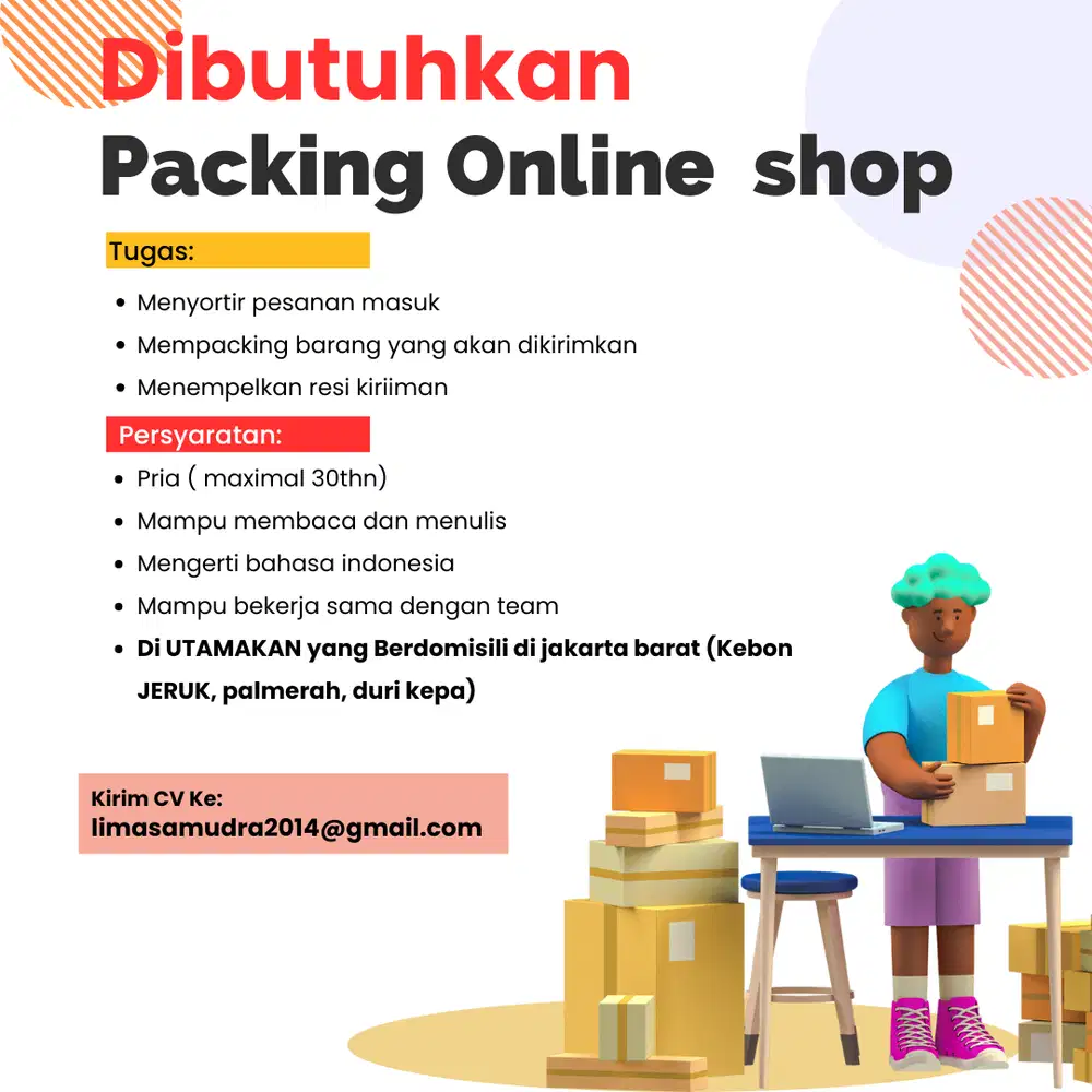 Lowongan Kerja Staff Packing online shop. berlokasi di Jakarta barat