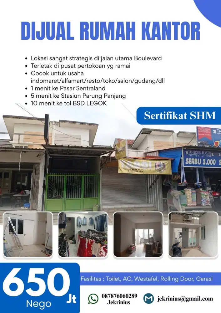 DIJUAL Rumah Kantor di Sentraland Boulevard Parung Panjang