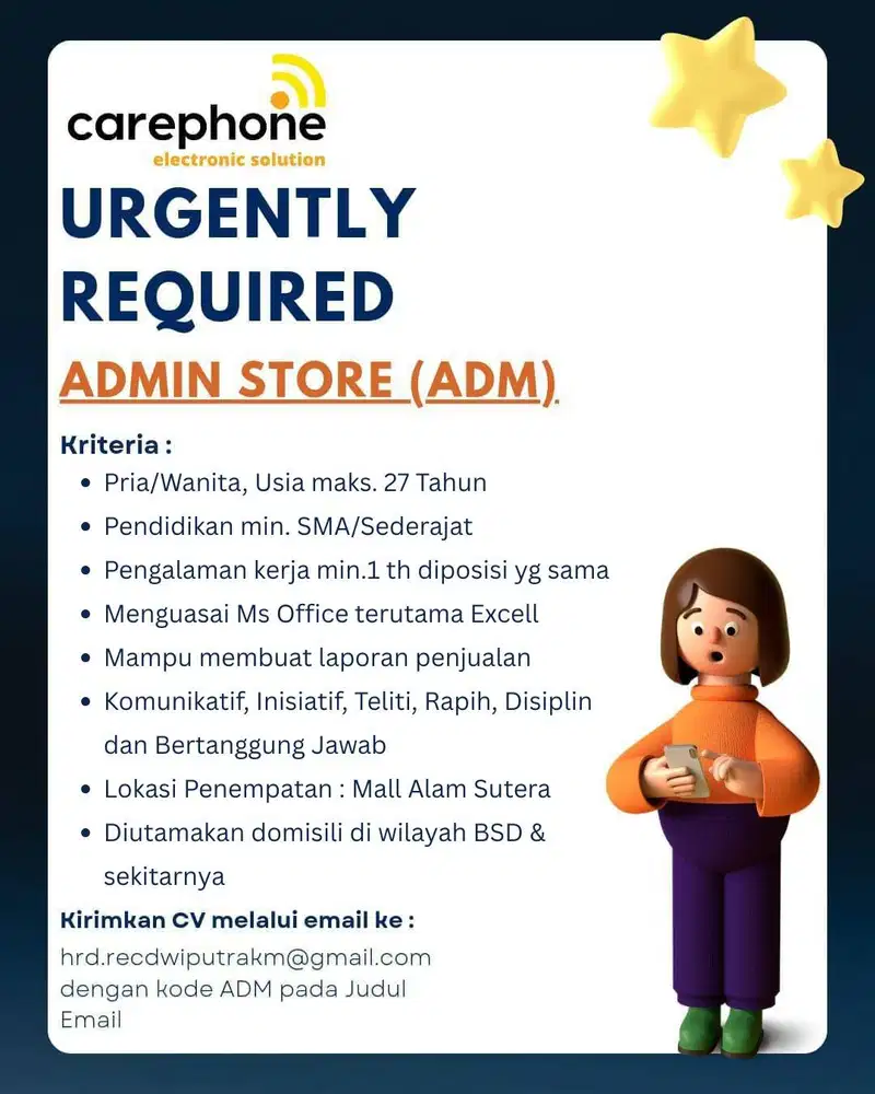 Lowongan Kerja Staff Admin Carephone (Xiaomi)