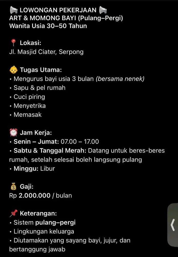 Lowongan pekerjaan ART plus Momong anak Pulang pergi