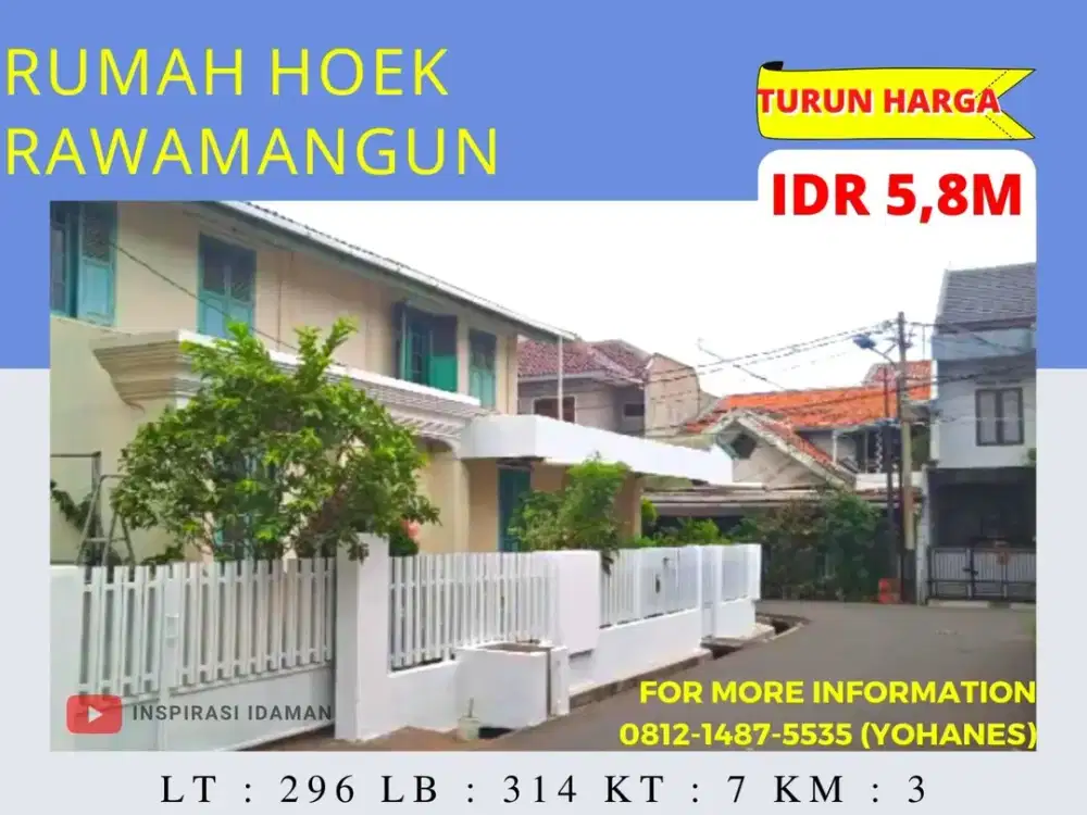 Rumah Rawamangun Hoek Lt 296