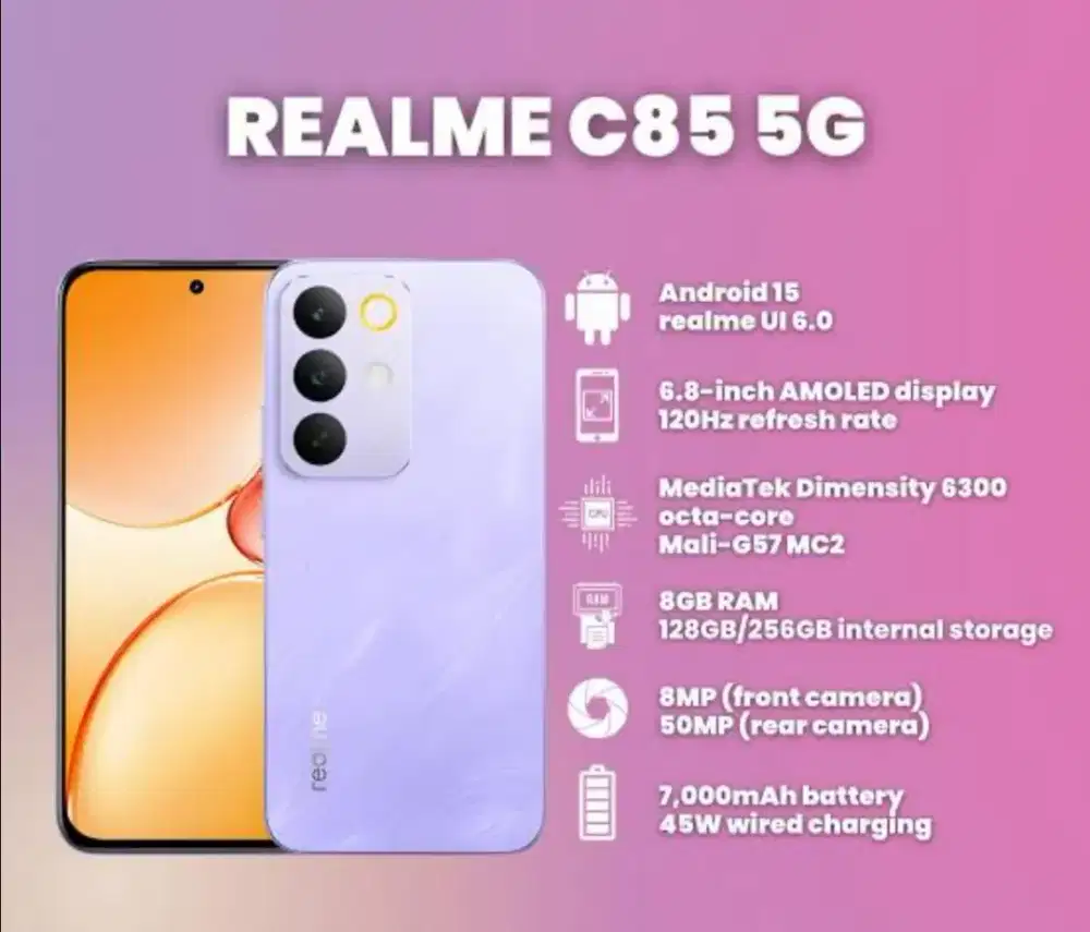 New!! REALME C85 5G RAM 8+16GB ROM 256GB BATERAI 7000 & TAHAN AIR