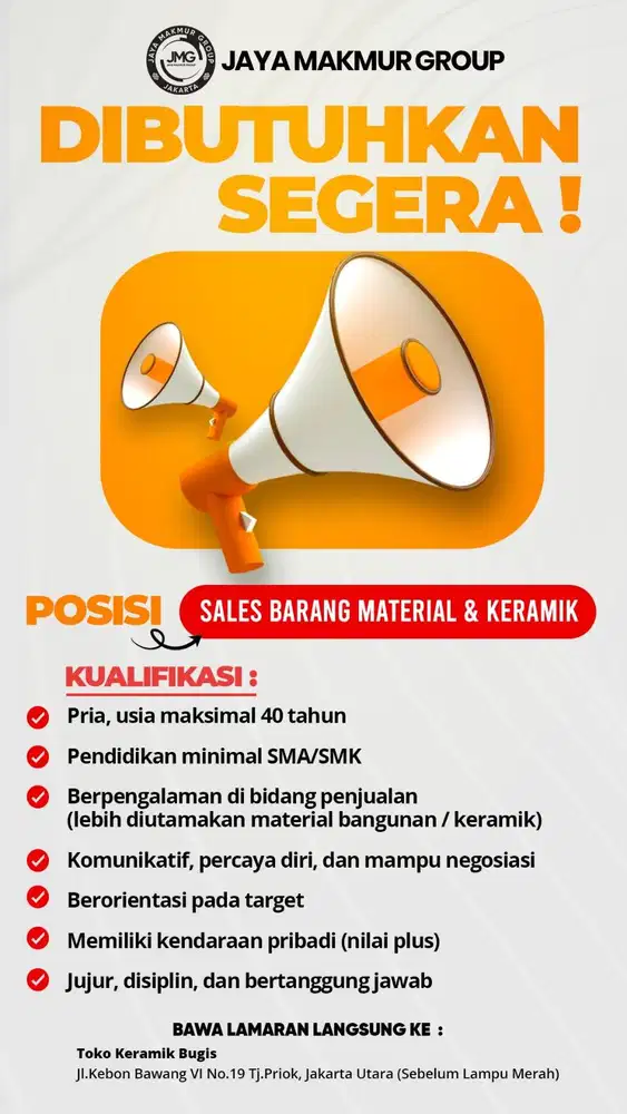 Dibutuhkan Cepat Sales Barang Material dan Keramik Berpengalaman