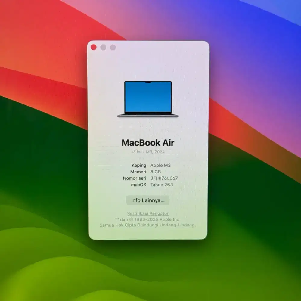 Macbook Air M3 Ram 8 Ssd 256 Layar 13 inch Full set Ibox like new