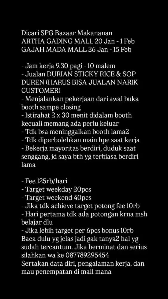 Dicari SPG Selling Bazaar Makanan