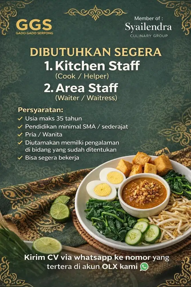 Dibutuhkan Koki dan Waiter Restoran di Gading Serpong
