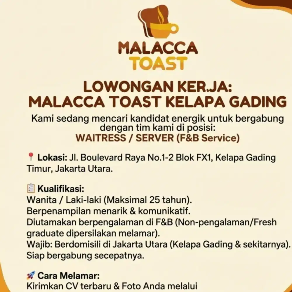 Lowongan Kerja Server/waiters(service F&B)