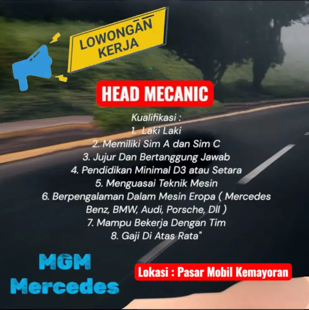 Dicari Kepala Bengkel Mobil Eropa Terutama BMW MERCEDES BENZ