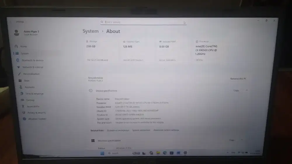 Laptop Axioo Hype 3 core i3 10th gen RAM 8GB SSD 256GB