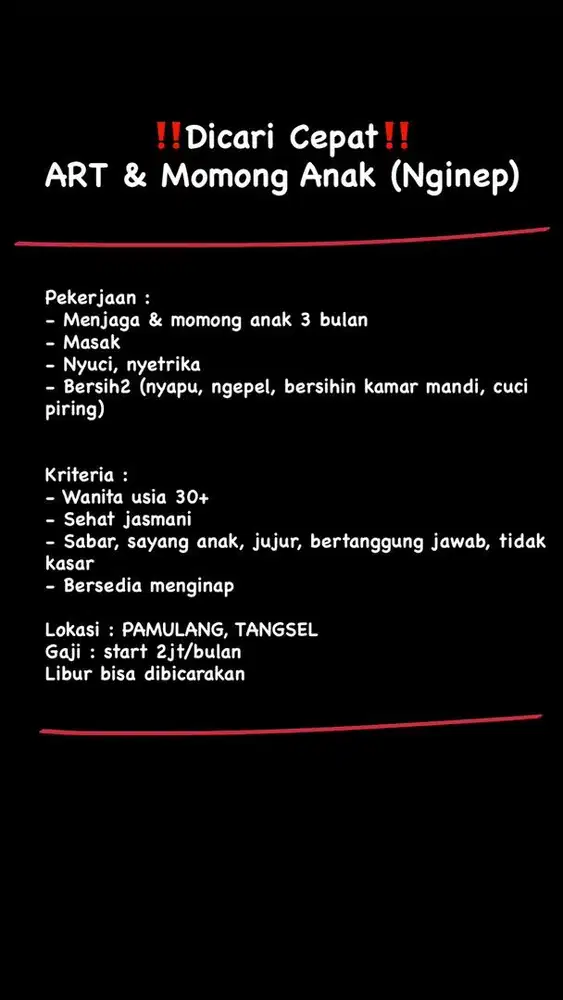 Dibutuhkan ART dan Momong Bayi (Nginep)