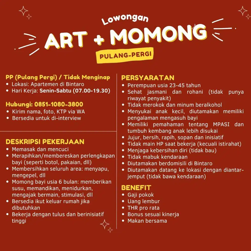 Lowongan Kerja (Loker) ART Momong Pulang Pergi Bintaro