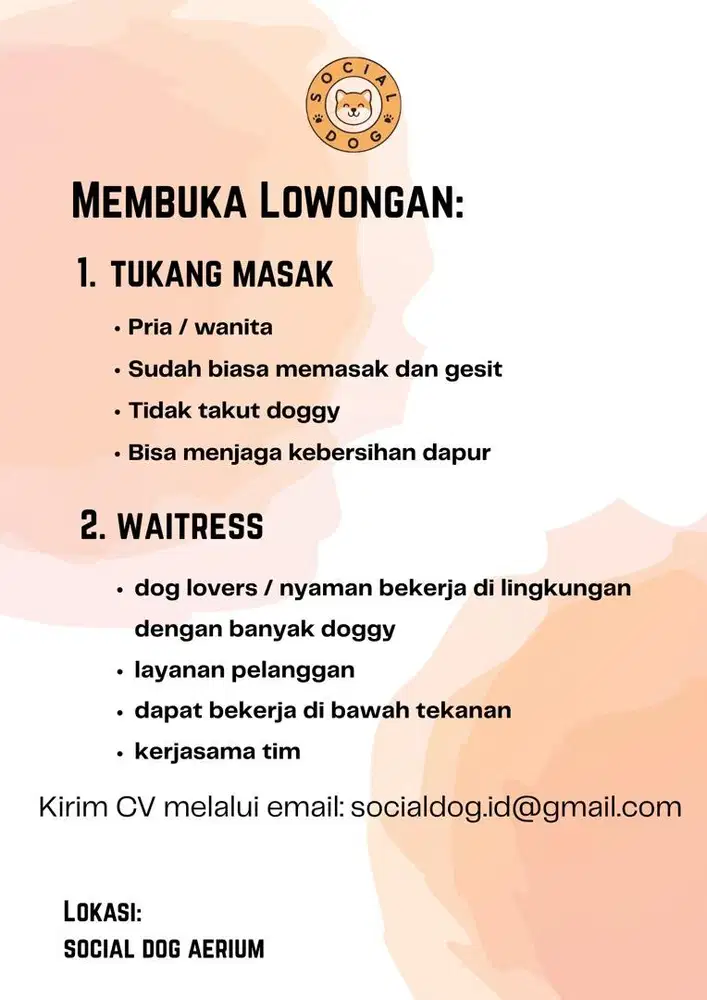 PET CAFE DI JAKARTA BARAT MEMBUTUHKAN TUKANG MASAK & WAITRESS