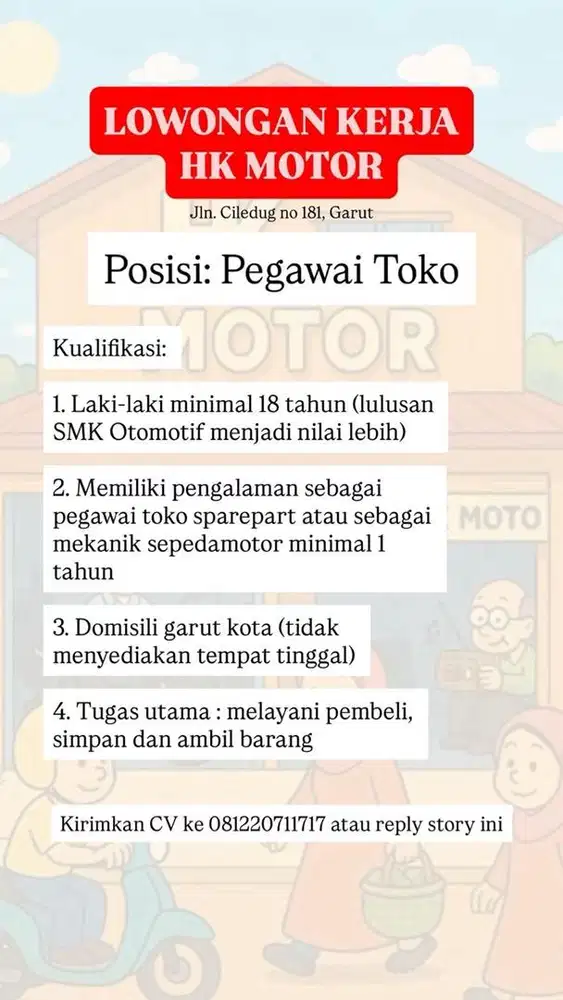 Dicari Pegawai Toko untuk di Bengkel HK motor garut