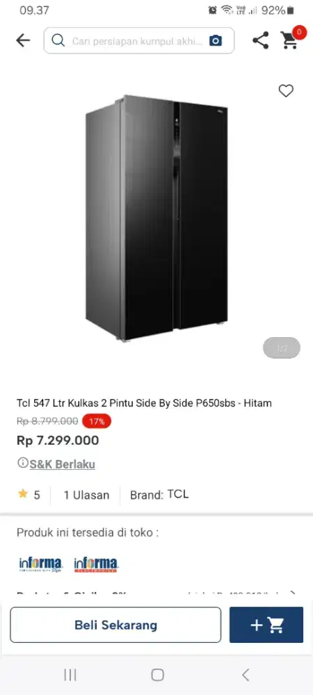 PROMO KREDIT TCL 547 LTR KULKAS 2 PINTU SBS