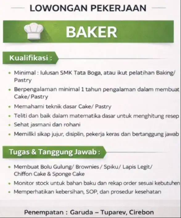 LOWONGAN PEKERJAAN - BAKER
