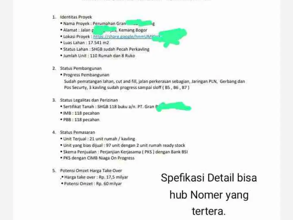 Take Over Proyek Cluster/Perumahan Kemang Bogor Peluang Invest