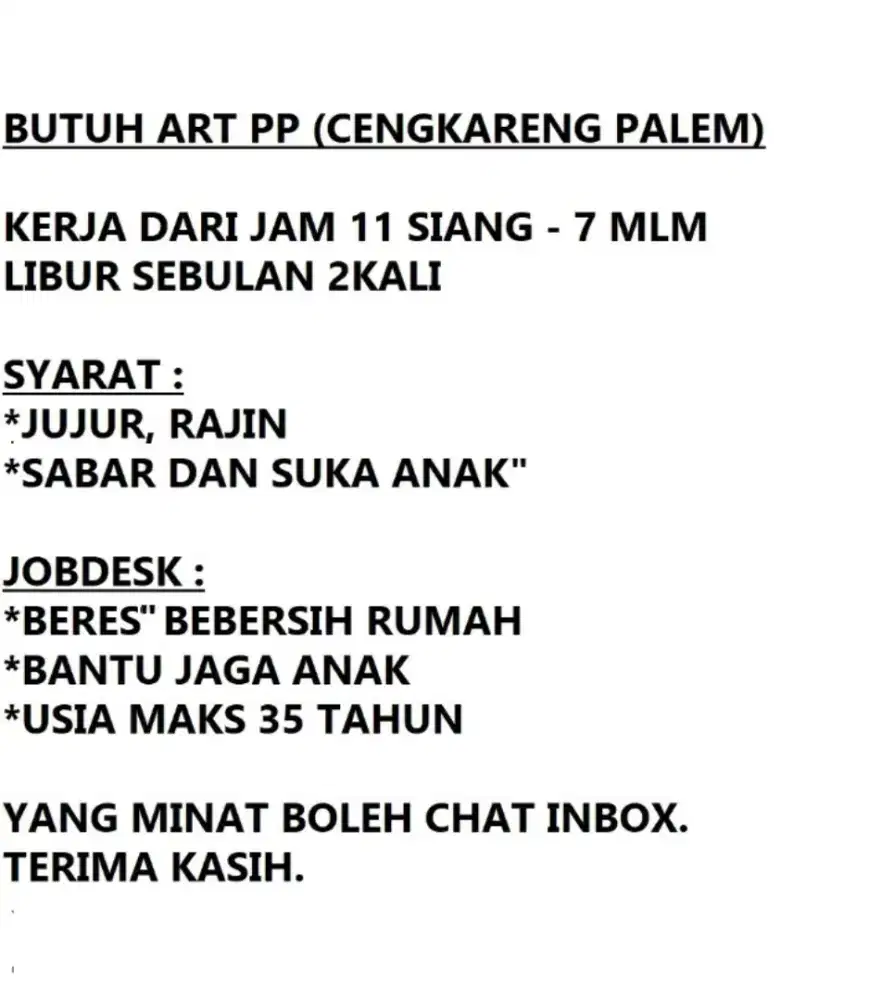 Lowongan dicari ART PP daerah Taman Palem