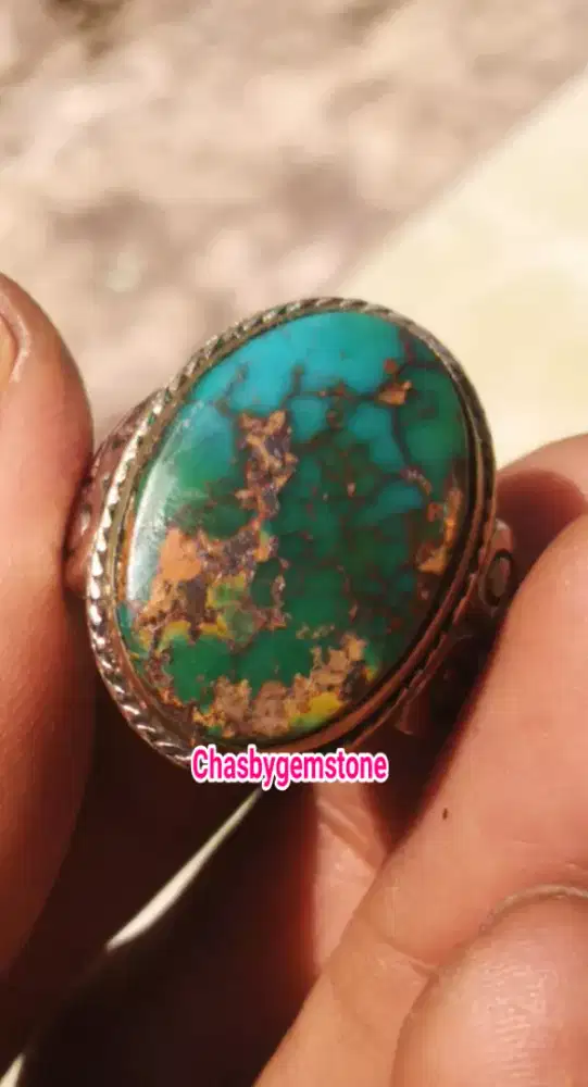 Cincin Batu Pirus Persia Dwi warna-Pirus Persia serat jala dwi warna