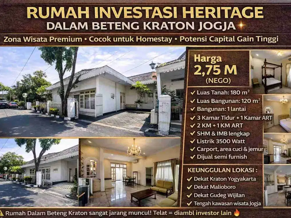 Rumah Investasi Heritage Dalam Beteng Kraton Jogja | Aset Langka Tengah Kota,Zona Wisata Premium • Cocok Homestay • Nilai Tanah Terus Naik
