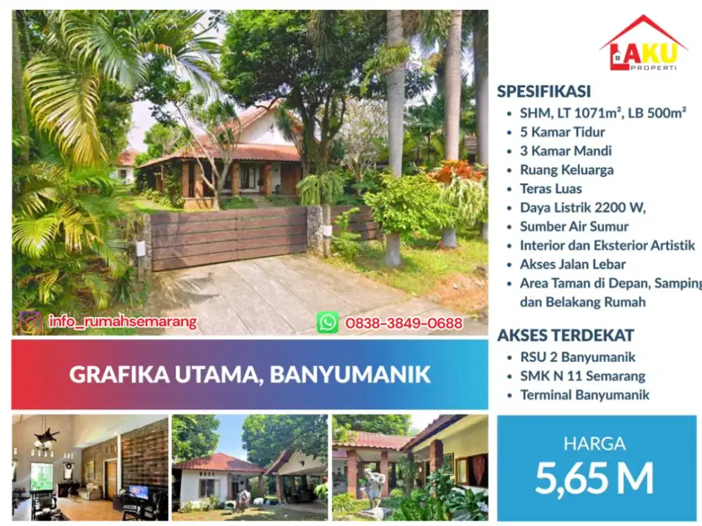 Rumah Mewah Estetik Banyumanik – Taman Luas, Cocok Untuk Cafe, Resto & Investasi