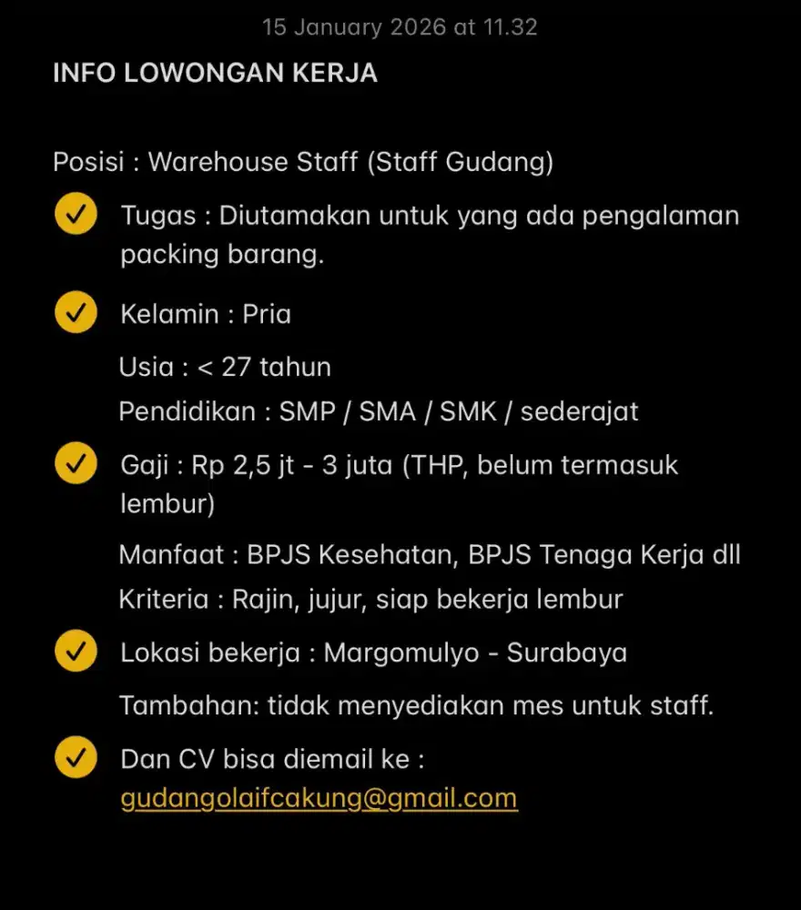 Dicari warehouse staff area Surabaya Barat