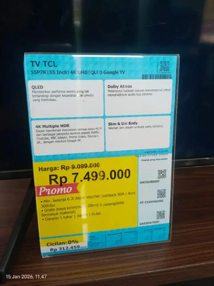 TV TCL 55P7K, QLED, 4K, GOOGLE TV. CICILAN TANPA DP, SYARAT CUKUP KTP