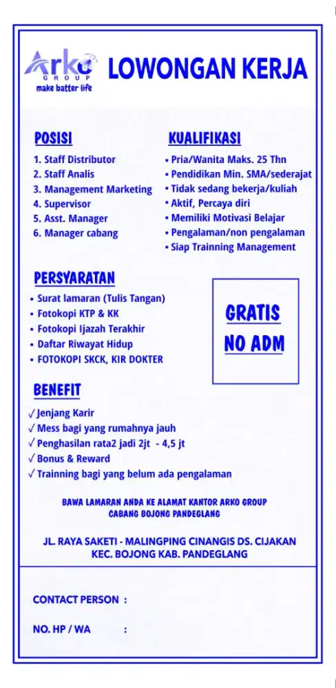 INFO LOWONGAN KERJA PANDEGLANG POSISI MARKETING