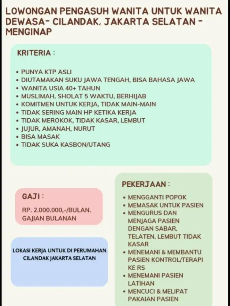 Lowongan Pengasuh Wanita Dewasa-Nginep-Cilandak JakSel