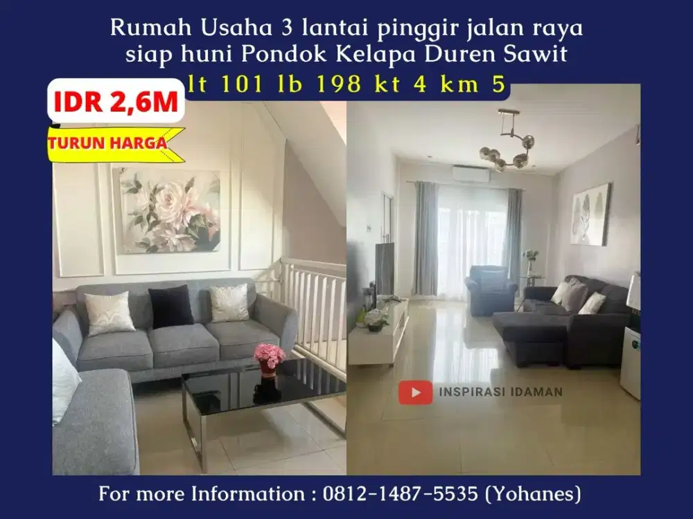 Rumah Usaha 3 lantai pinggir jalan raya siap huni Pondok Kelapa