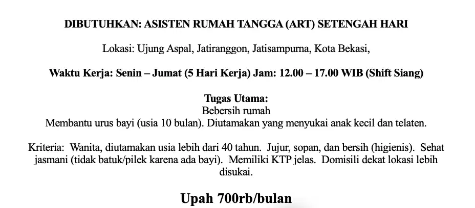 DIBUTUHKAN: ASISTEN RUMAH TANGGA SETENGAH HARI