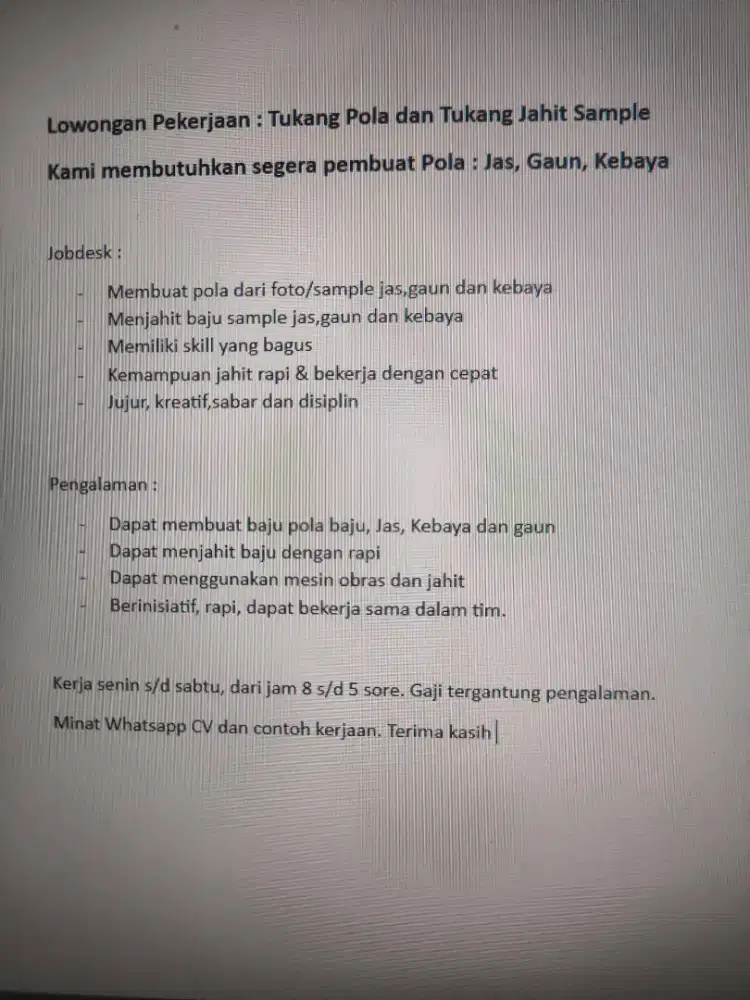 Lowongan Kerja Tukang Pola dan Tukang Jahit Sample