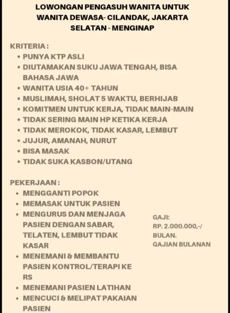 Lowongan Pengasuh Wanita Dewasa, Cilandak, Jakarta Selatan - Menginap