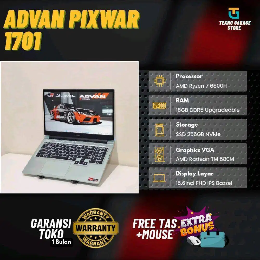 ADVAN PIXWAR RYZEN 7 6800H RAM 16GB SSD 512GB 15.6INCHI FHD IPS BAZZEL