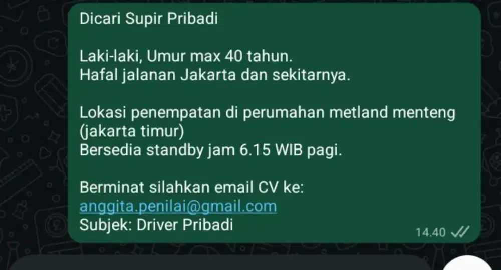 Driver Pribadi Metland Ujung Menteng