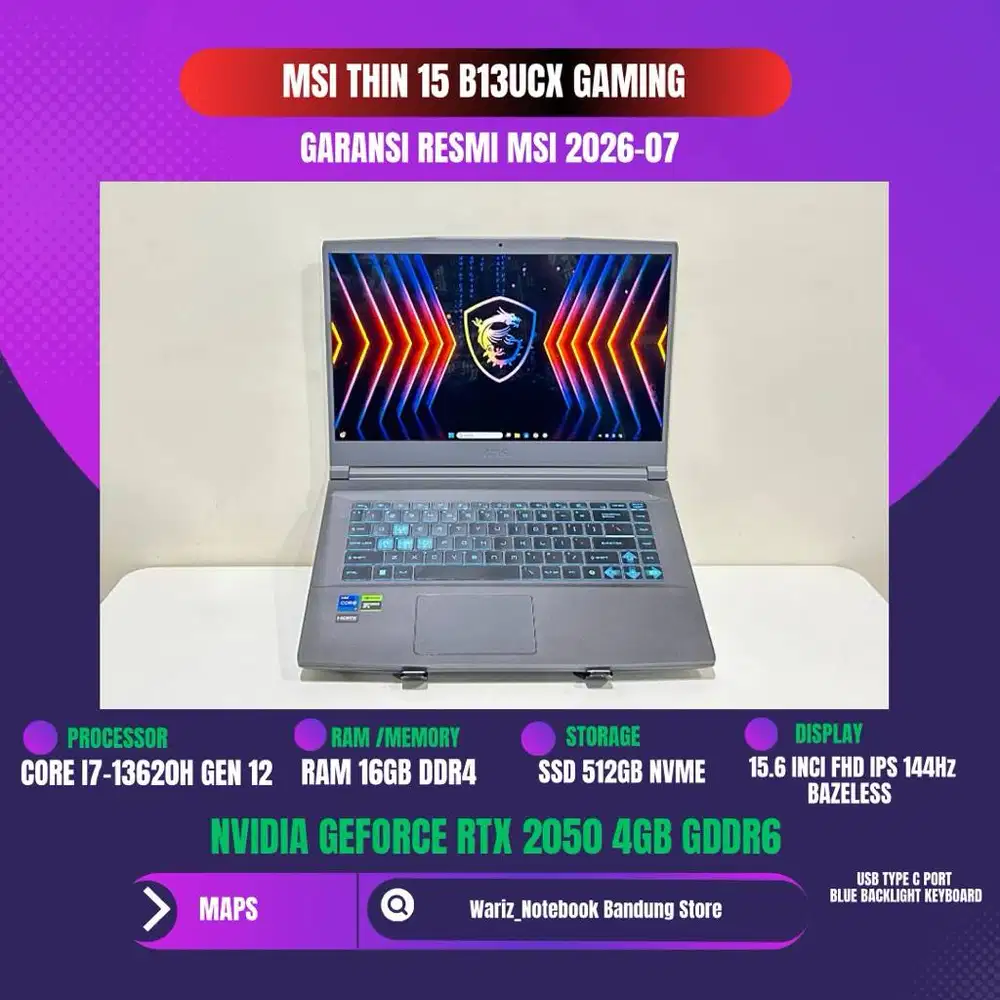 MSI THIN 15 B13UCX CORE I7-13620H GEN 12 NVIDIA RTX 2050 RAM 16GB SSD