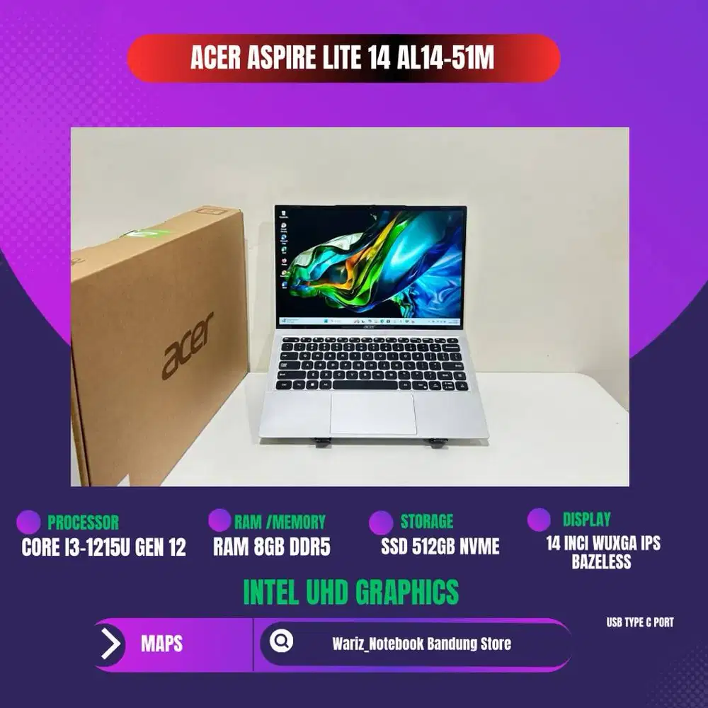 ACER ASPIRE LITE AL14-51M CORE I3-1215U GEN 12 RAM 8GB DDR5 SSD 512GB