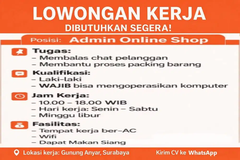Loker admin OL Shop WAJIB Bisa Komputer, Fasilitas Lengkap