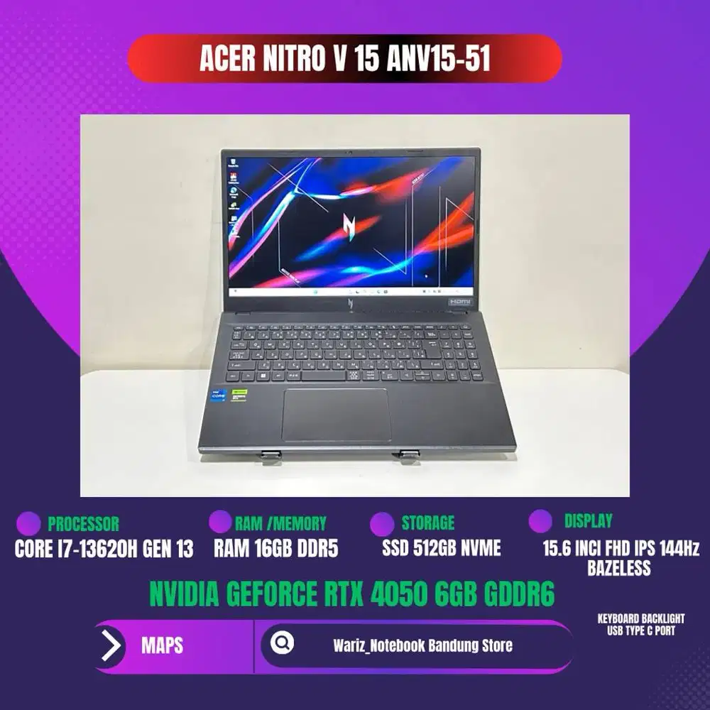 ACER NITRO V 15 ANV15-51 CORE I7-13620H NVIDIA RTX 4050 RAM 16GB SSD 5
