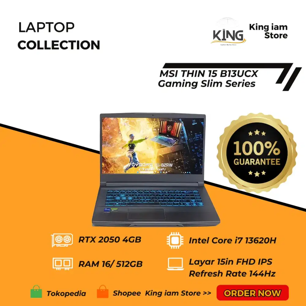 Laptop Gaming MSI Thin 15 B13UCX i7 13620H RTX 2050 16/512GB 144Hz