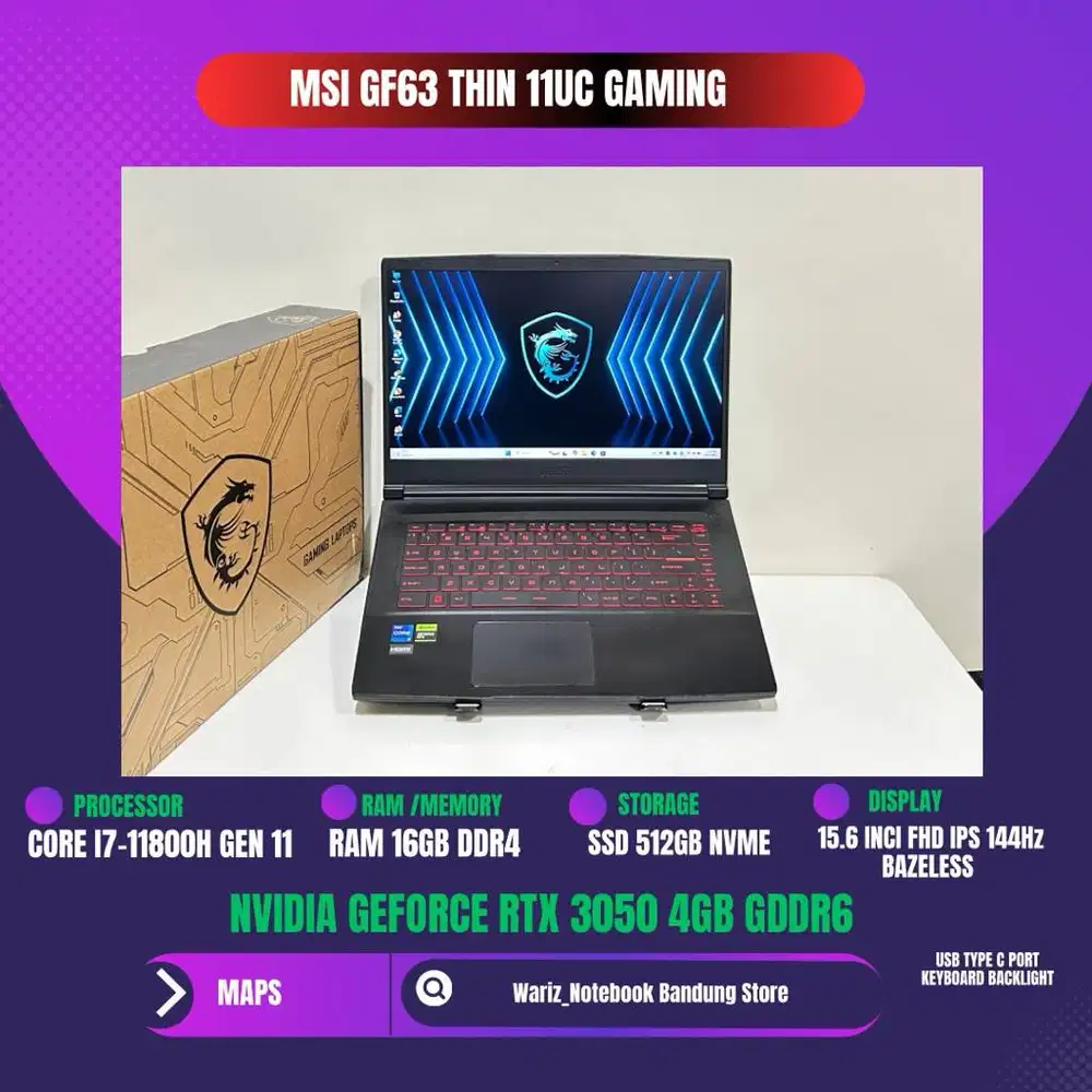 MSI GF63 THIN 11UC CORE I7-11800H NVIDIA RTX 3050 RAM 16GB SSD 512GB