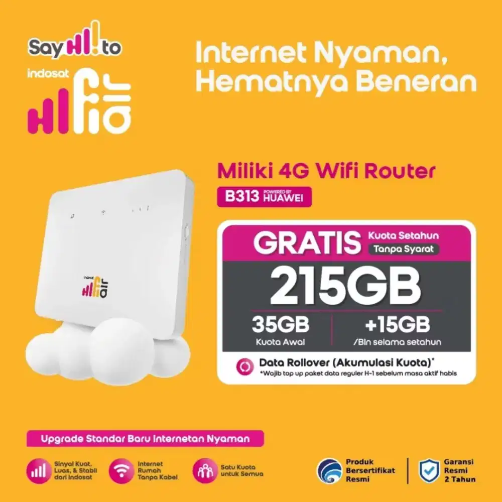 Modem Indosat Hi-Fi Air B313 Wifi Router Wireless 4G Indosat 215 GB