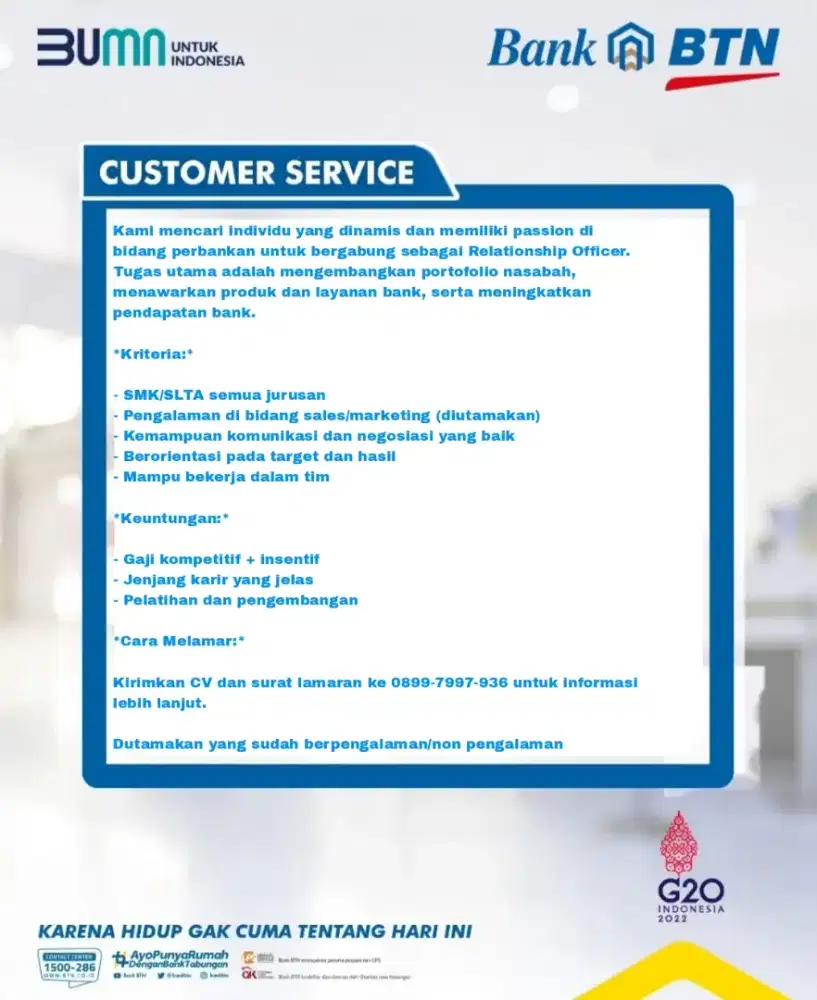 LOWONGAN KERJA SALES BANK BTN