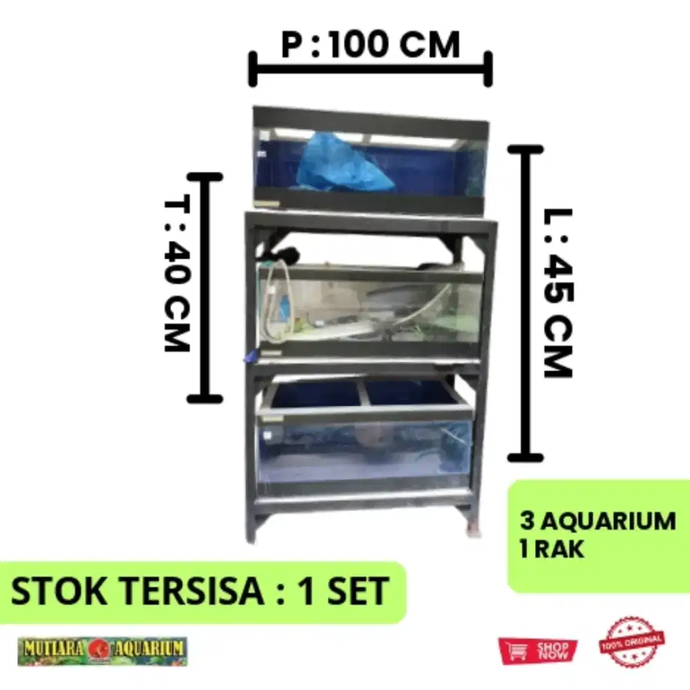 AQUARIUM BEKAS 1 SET UKURAN 100 X 45 X 40 CM ( 99% LAYAK PAKAI )